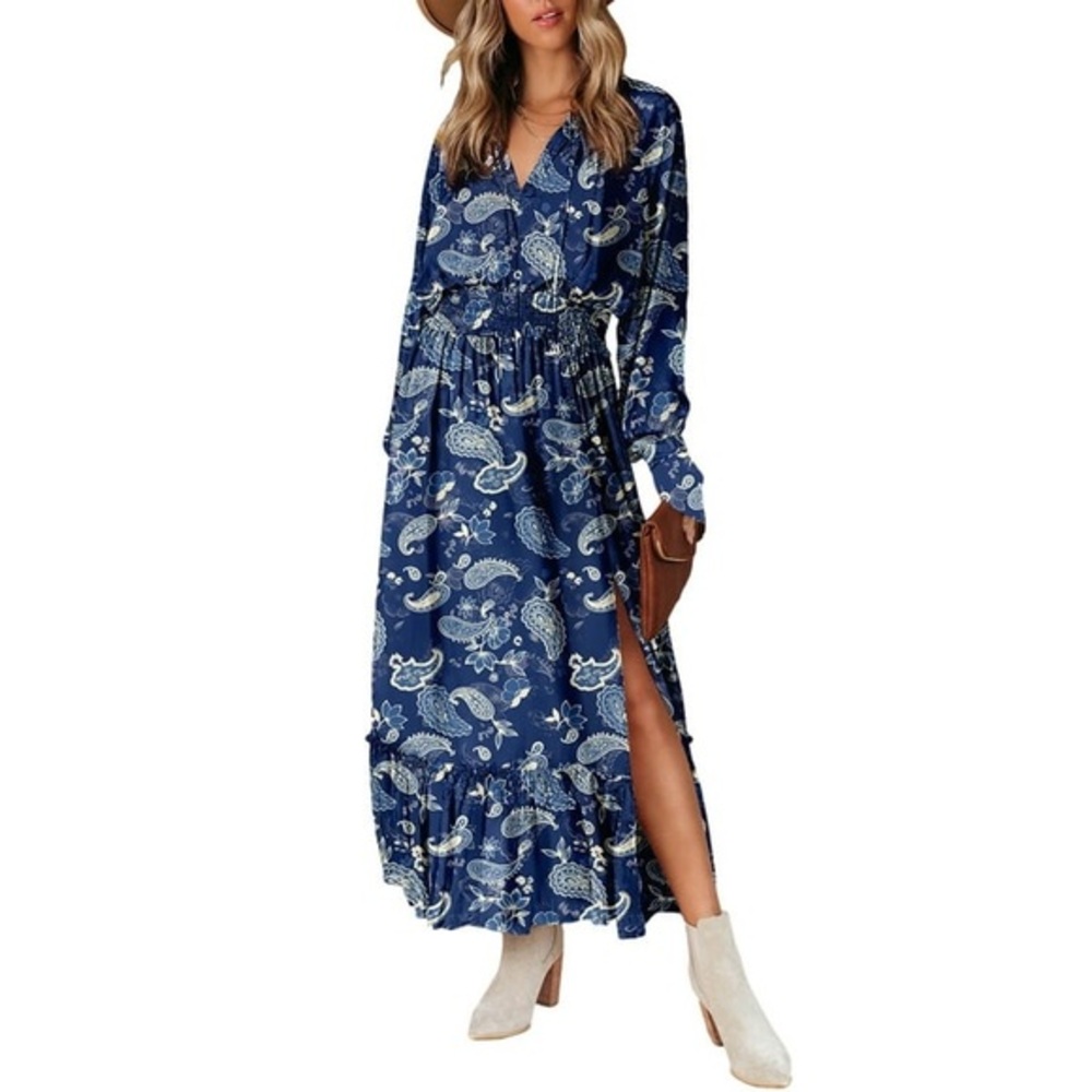 Blue Paisley Maxi Dress with Side Slit